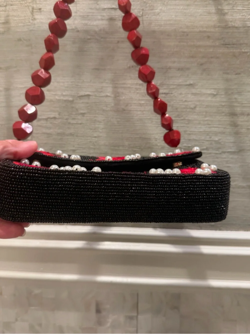 New Beaded shoulder Bag black with red coral white stone handle purse embroidery